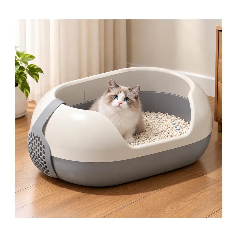 Semi Enclosed Cat Litter Box with High Sides with Gray Scoop