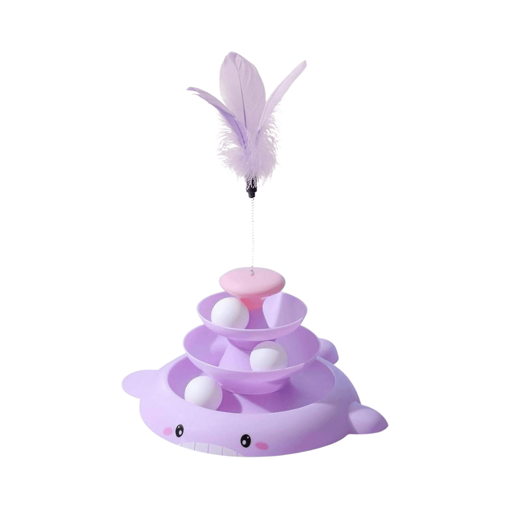 3Tier Turnable Disk Tower Toy with Feather Fish Design Basement for Cats
