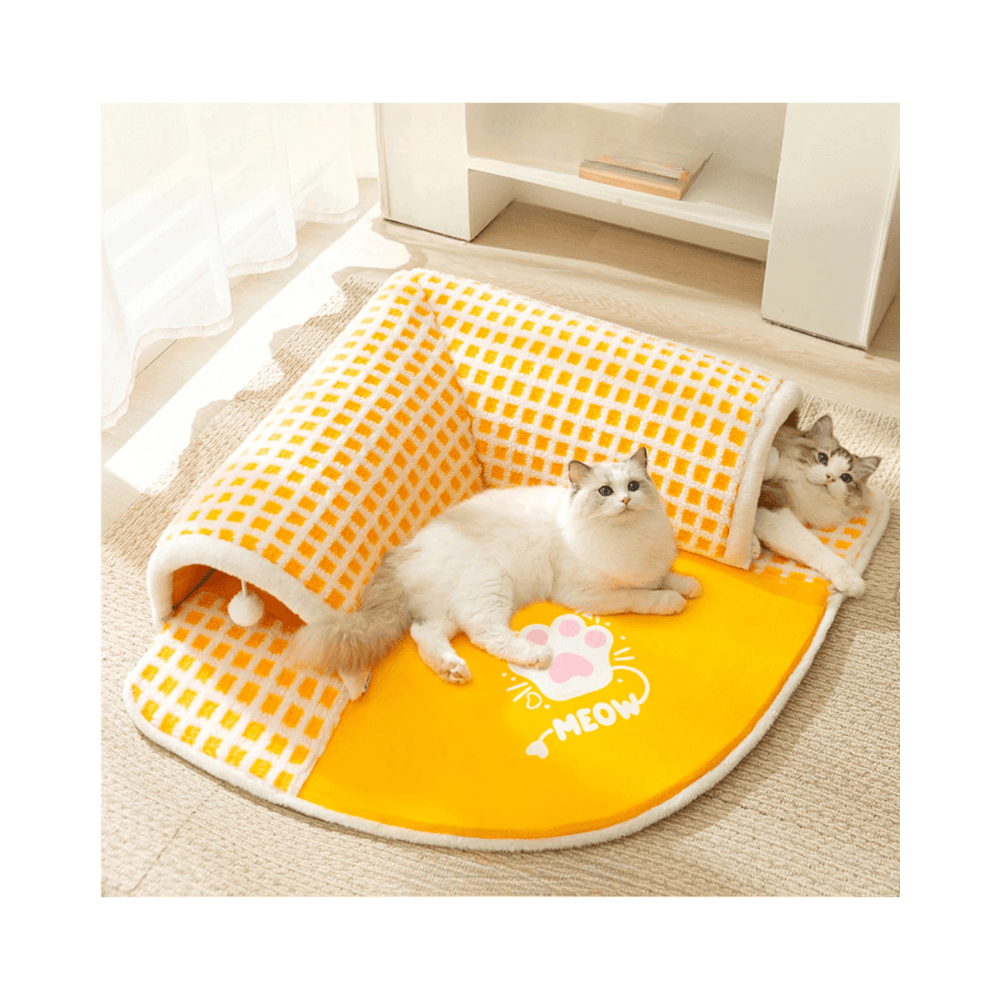 Meow Paw Design Multifunctional 2 in 1 Extensible Cat Tunnel Tube Bed House with Hanging Plush Toy