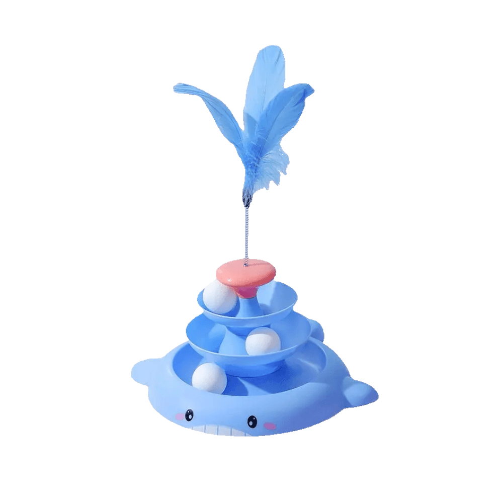 3Tier Turnable Disk Tower Toy with Feather Fish Design Basement for Cats