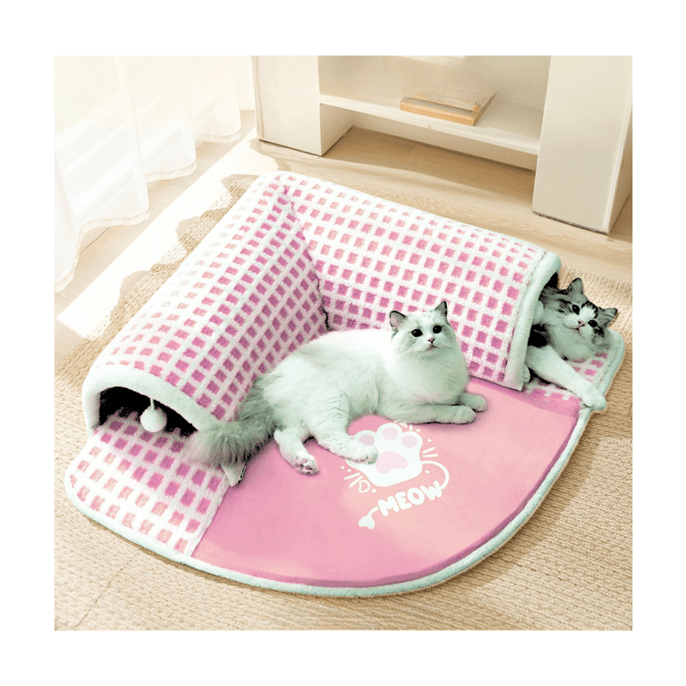 Meow Paw Design Multifunctional 2 in 1 Extensible Cat Tunnel Tube Bed House with Hanging Plush Toy