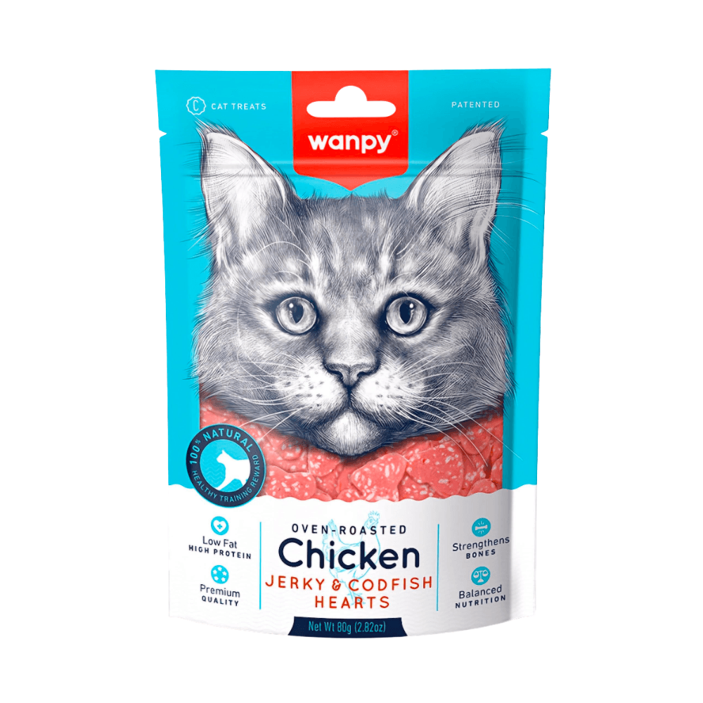 Wanpy Oven Roasted Jerky Cat Treat Chicken Jerky & Cod Fish Hearts 80gm