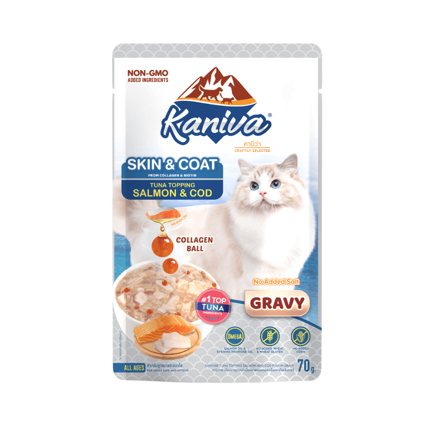 Kaniva Pouch SKIN & COAT Tuna Topping Salmon & COD in Gravy 70g (Kaniva's Special Formula)