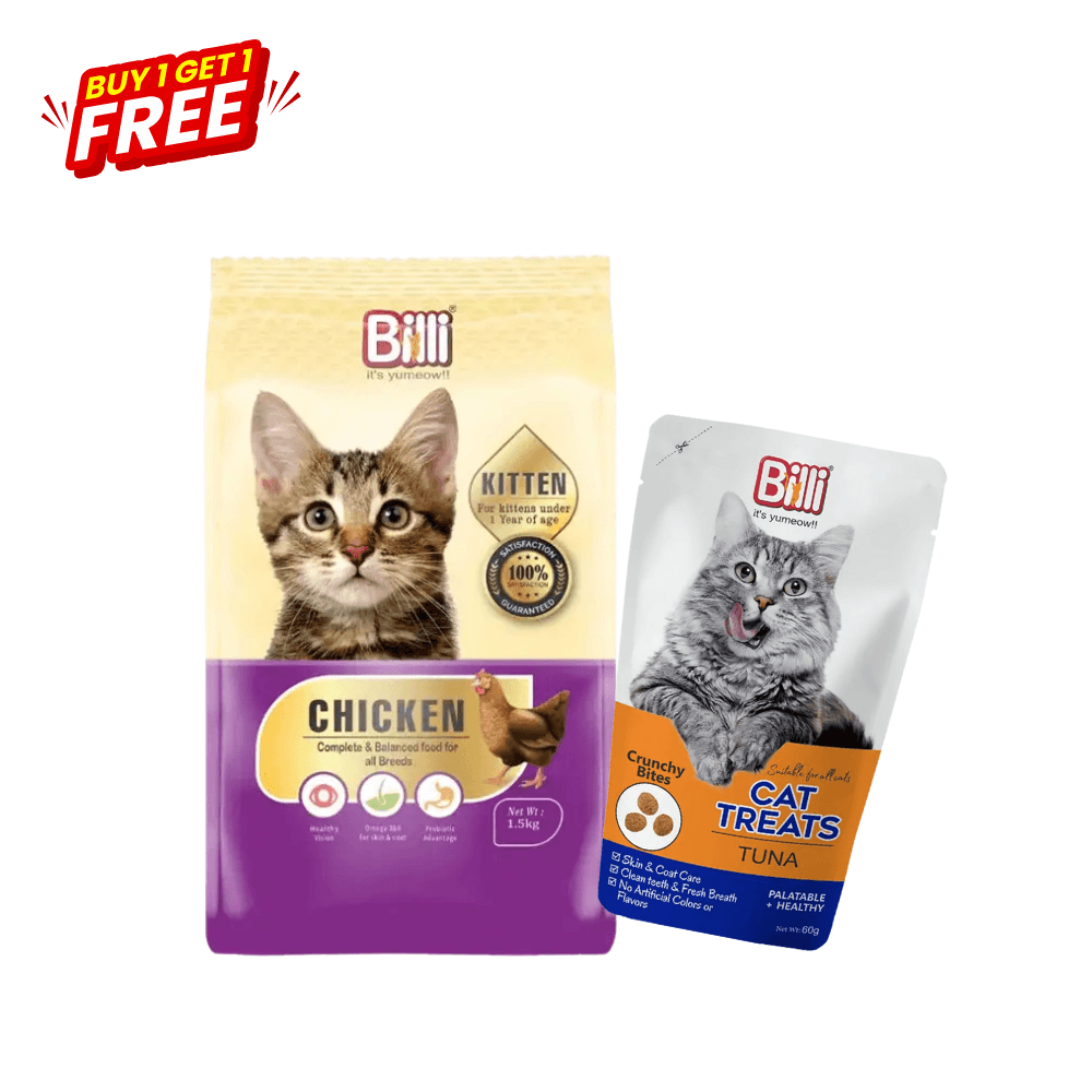 Billi Kitten Dry Cat Food Real Chicken 3kg + Billi Treat Tuna 60gm (BUY 1 GET 1 FREE)
