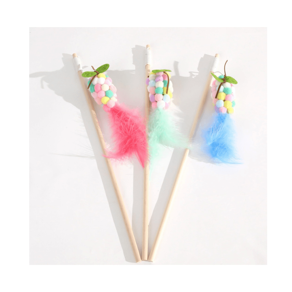 Wooden Handle Plush Balls Cat Teaser Toy with Feather